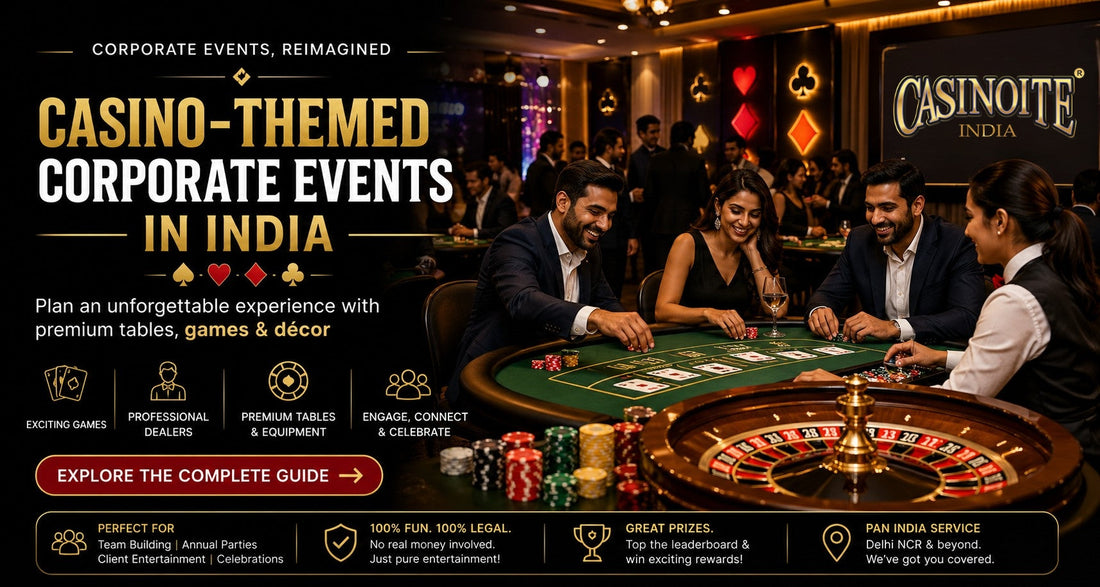 Casino-themed corporate event in India with elegantly dressed professionals playing blackjack and roulette at premium casino tables, warm luxury lighting, poker chips and décor, promoting Casinoite India event services