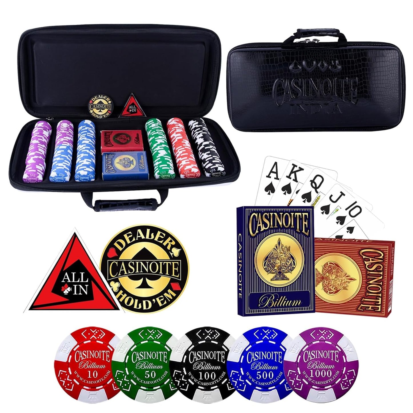 Casinoite Premium Poker Chips Set 300 with denomination black leather case, Billium playing cards, poker chips and accessories complete set