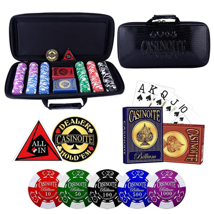 Casinoite Premium Poker Chips Set 300 with denomination black leather case, Billium playing cards, poker chips and accessories complete set