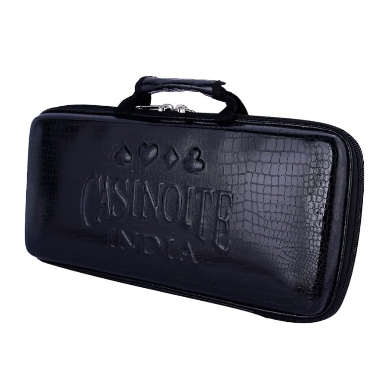 Casinoite India embossed black leather poker chips carry case with zipper and handle
