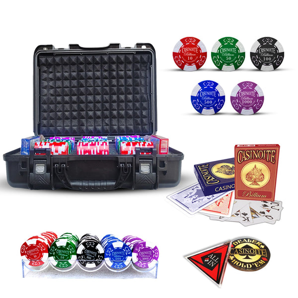 Billium 300 Clay Poker Chip Set by Millionaire & Co. — black unbreakable case with 300 casino-grade clay composite chips, 3 chip trays, 2 plastic decks and dealer buttons