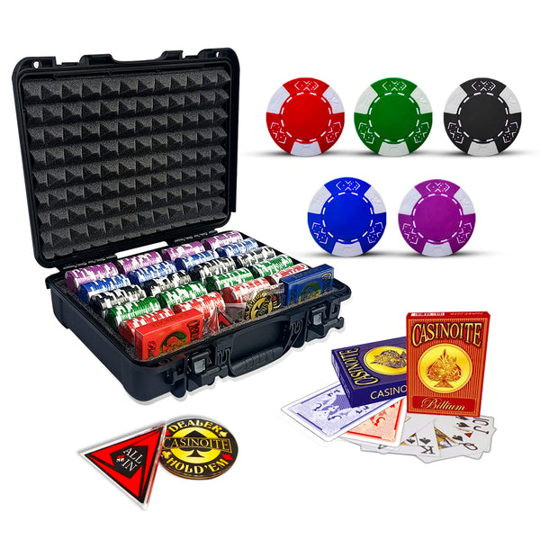 Billium 400 Clay Poker Chip Set by Millionaire & Co. — 400 casino-grade chips in four coloured trays inside black unbreakable polypropylene case with two plastic playing card decks