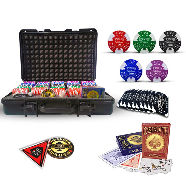 Billium 500 Poker Chip Set with denomination bricks by Millionaire & Co. — 500 clay composite chips in 5 trays plus 10 rectangular denomination plaques inside sleek black aluminum case