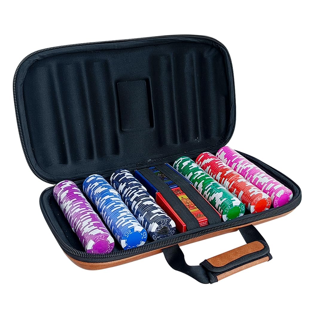 Casinoite Billium 300 poker chips set open leather case showing coloured chip rows in purple, blue, black, green, red and pink with two decks of plastic playing cards