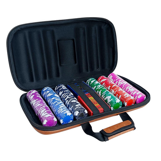 Casinoite Billium 300 poker chips set open leather case showing coloured chip rows in purple, blue, black, green, red and pink with two decks of plastic playing cards