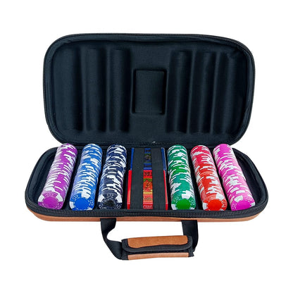Casinoite Billium 300 poker chips set open leather case showing coloured chip rows in purple, blue, black, green, red and pink with two decks of plastic playing cards