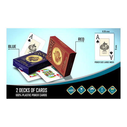 Casinoite Billium 100 percent plastic poker size large index playing cards red and blue decks measuring 6.35 cm by 9 cm for Texas Hold'em and Omaha