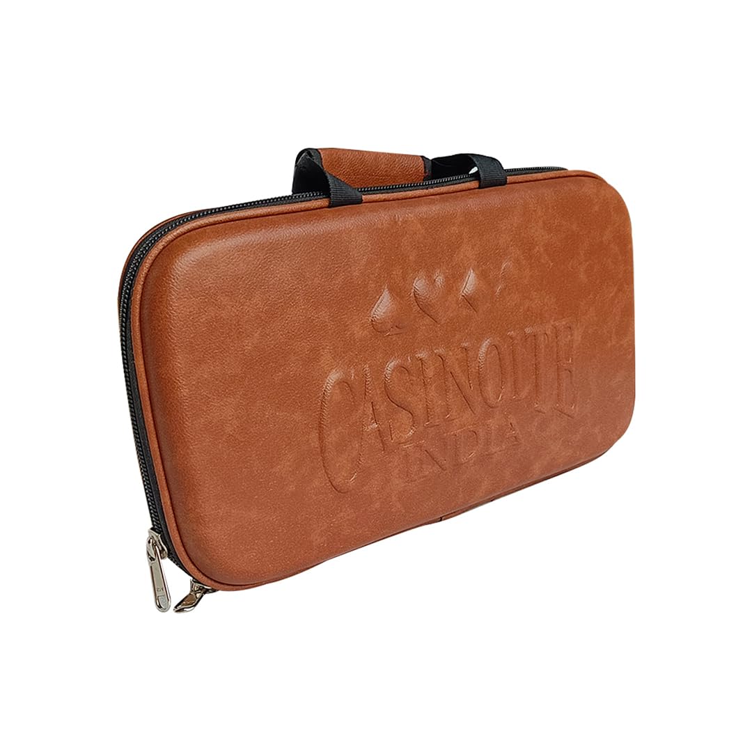 Casinoite India branded tan brown leather zip poker chip carry case with handle and embossed logo exterior view