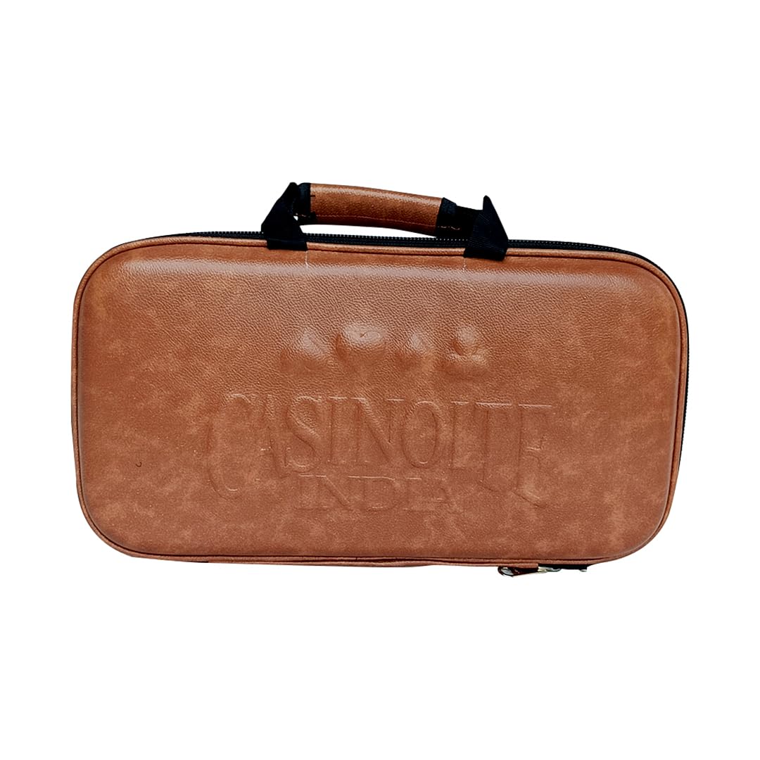 Casinoite India branded tan brown leather zip poker chip carry case with handle and embossed logo exterior view