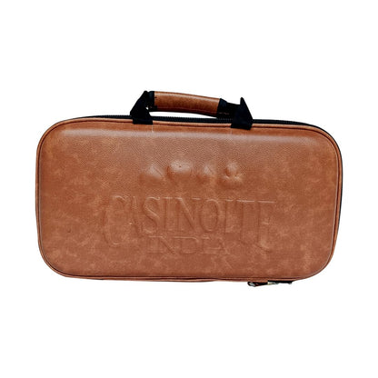 Casinoite India branded tan brown leather zip poker chip carry case with handle and embossed logo exterior view