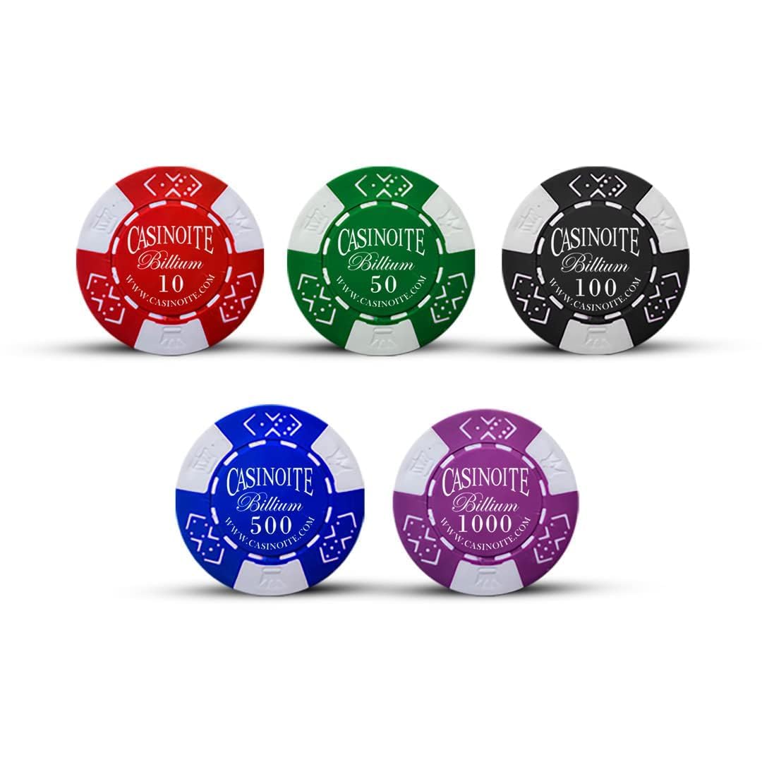 Casinoite Billium poker chips set denominations 10 red 50 green 100 black 500 blue 1000 purple premium quality
