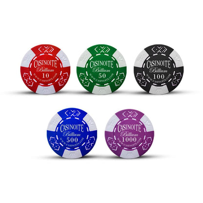 Casinoite Billium poker chips set denominations 10 red 50 green 100 black 500 blue 1000 purple premium quality
