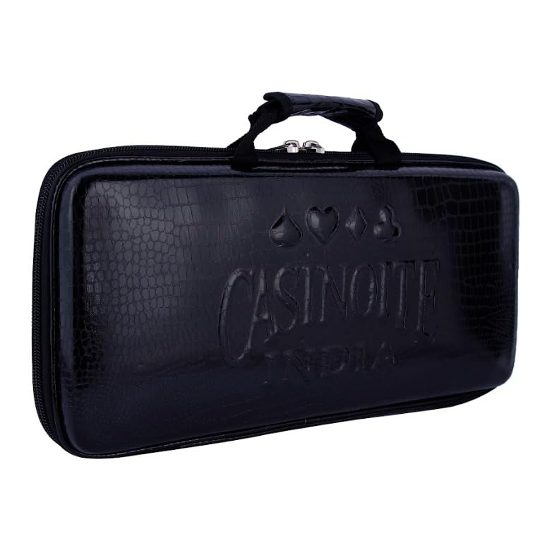 Casinoite India embossed black leather poker chips carry case with zipper and handle
