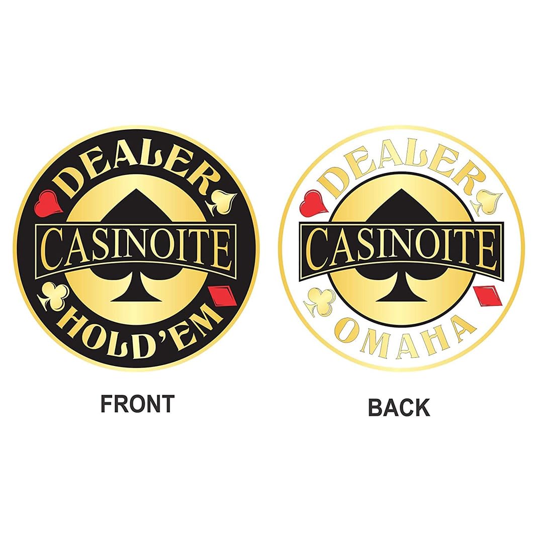 Casinoite dealer button front Texas Hold'Em and back Omaha poker game token gold black design

