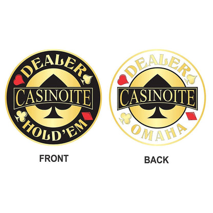 Casinoite dealer button front Texas Hold'Em and back Omaha poker game token gold black design
